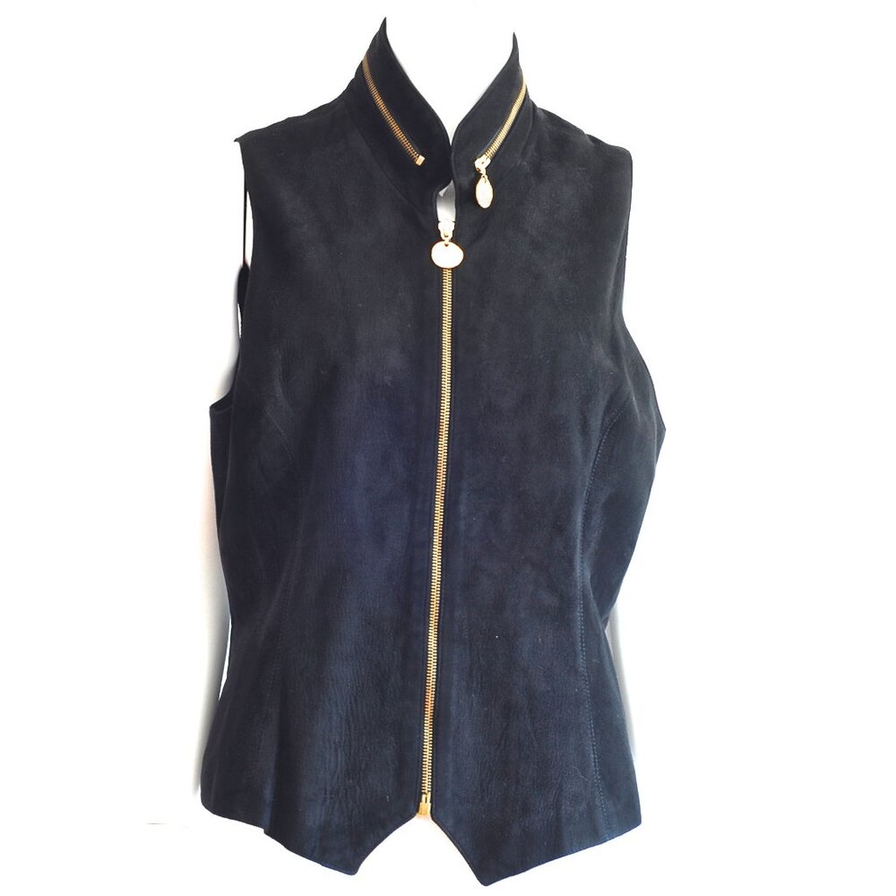 Donna Karan 1980's Black Suede Vest With Gold Tone Accents - USA